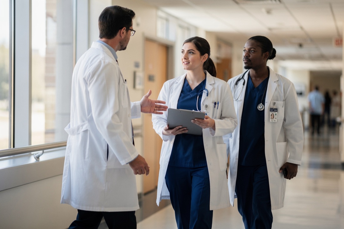 Medical students in white coats talking with a doctor in a hospital corridor