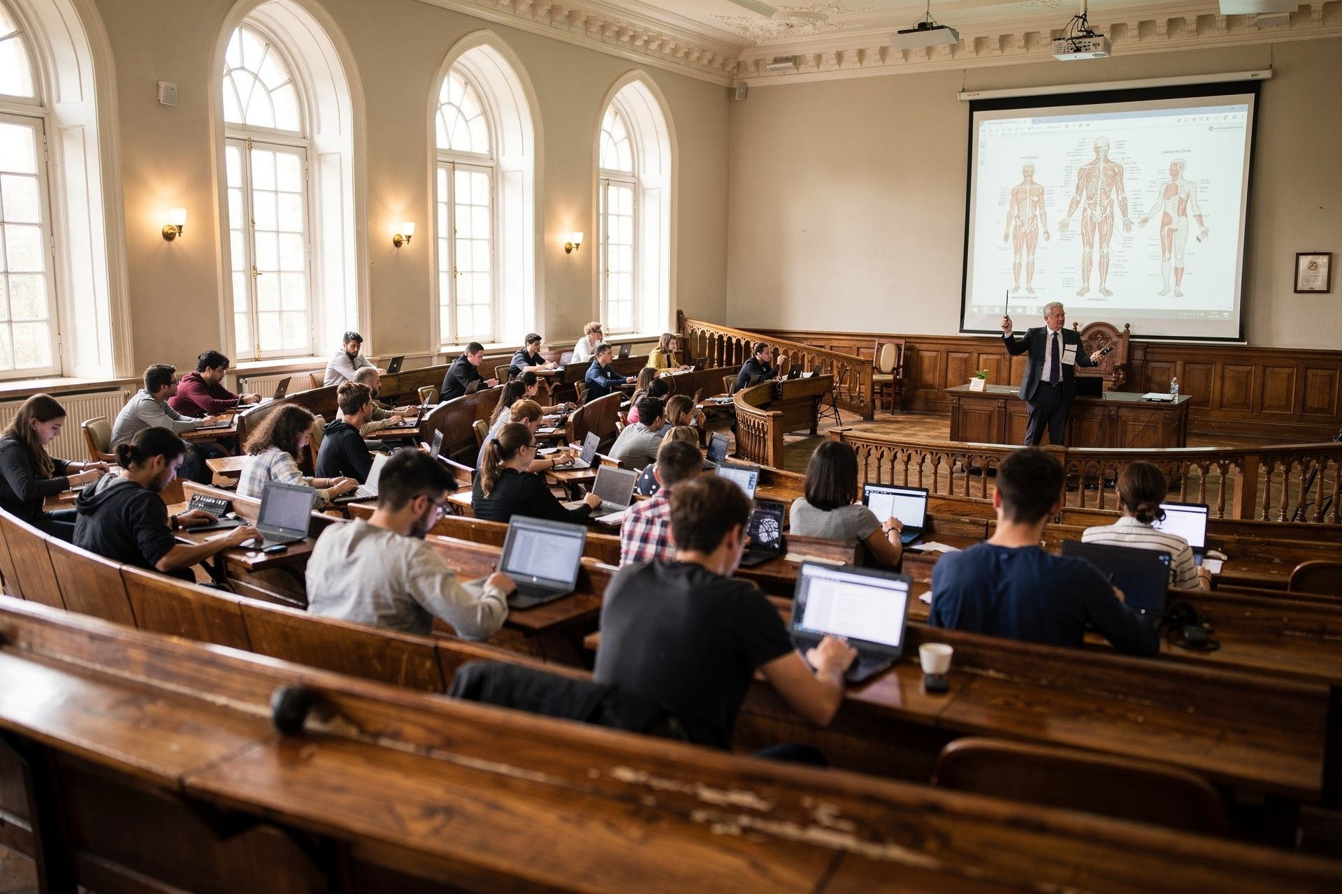 Medical students in a historic university lecture hall during an anatomy lecture
