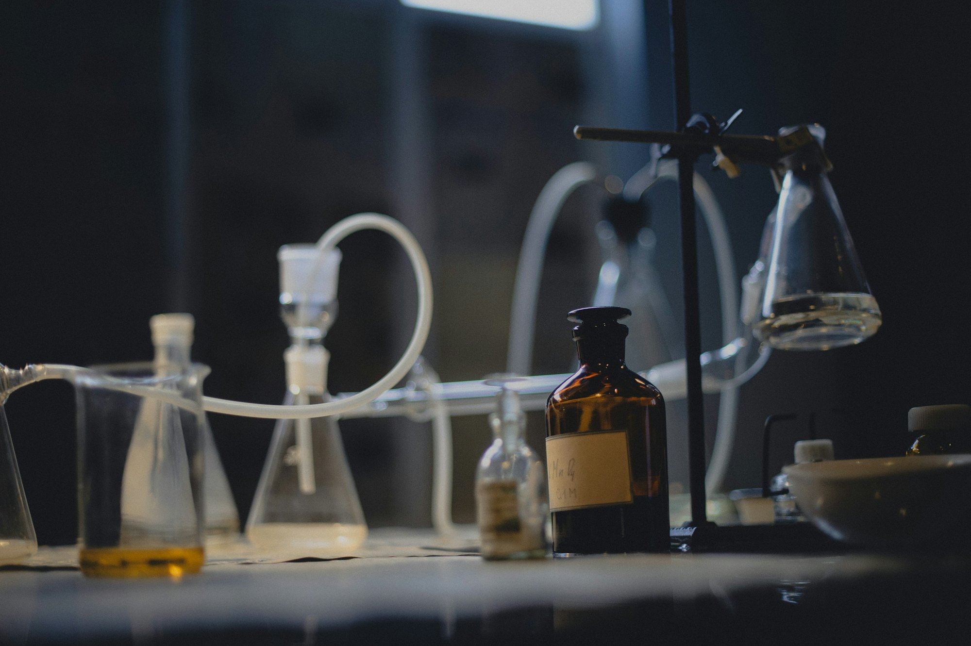 Laboratory glassware on a chemistry bench