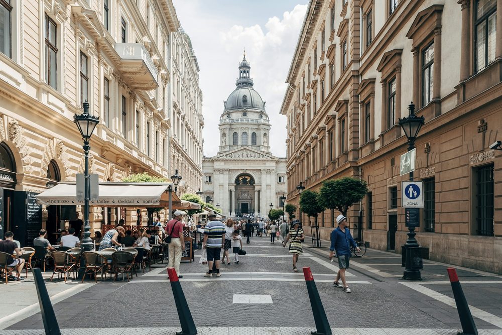 A street in central Budapest leading to St. Stephen's Basilica